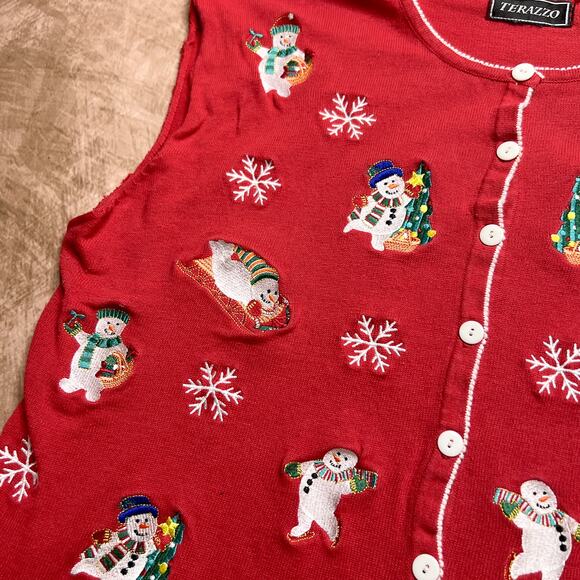 Vintage 90s Terazzo Embroidered Snowman Sleeveless Holiday Vest Knit Christmas - Picture 4 of 7